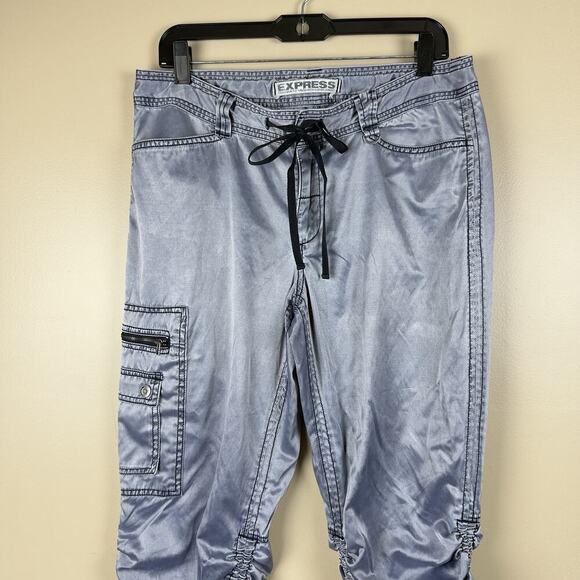 Women’s Express Satin CargoPant Size 12 Convertible Capri Adjustable Drawstring - Picture 3 of 14
